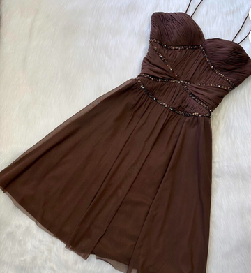 Niulatu Chocolate A-Line Short Birthday Party Dress Spaghetti Strap Homecoming Dress HZ1026